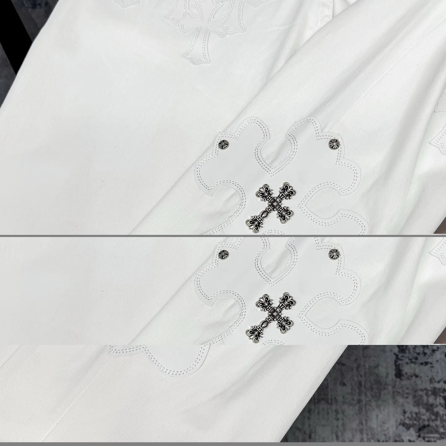 P280 Chrome Hearts/Chrome Hearts 25FW CH top denim large cross leather jeans (white) Chrome Hearts white cow king jeans Chrome Hearts' most popular color pants are made of beaded canvas fabric. Heavy washing makes the upper body of the fabric more textured and the pants are tall and straight! The three-dimensional cutting of the whole trousers is a masterpiece! The hardware is customized by zp. The beaded canvas fabric is thick and soft after being washed. It has good breathability. Customized small leather label. Unique design. The details are in place, simple and elegant, and the workmanship is exquisite. The whole trousers are neatly routed and the details are in place. Look for the correct version. Size: 28 30 32 34 (corresponding to s-xl) Detailed size can be found in Figure 9